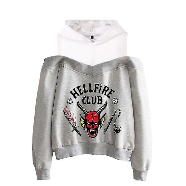 Stranger Things 4 Hoodie Hellfire Club Print Off Shoulder Sweatshirt Hoodie Grå