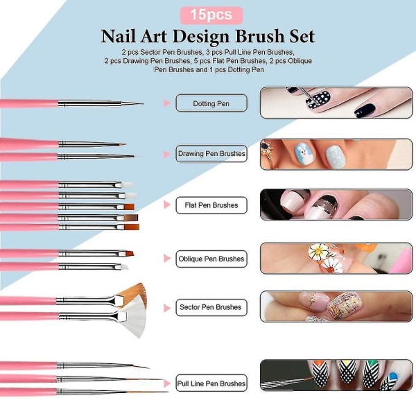Nagelpenna designer, stämpel nail art med 15st nagelmålningspenslar