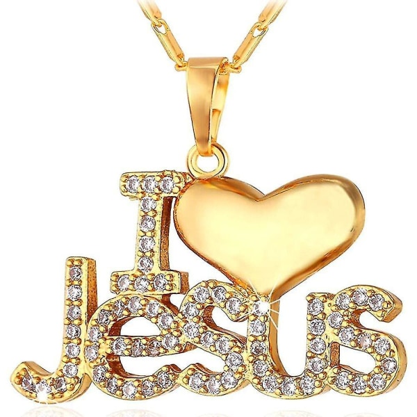 (18k-guldpläterad) Kristna smycken Jesus Piece Love Halsband Cubic Zirconia I Love Jesus hänge