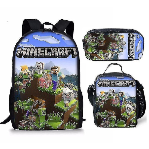 Minecraft Square Människor Skolväska för barn Pennväska eller ryggsäck eller måltidsväska eller 3 st (ryggsäck+penna Ba