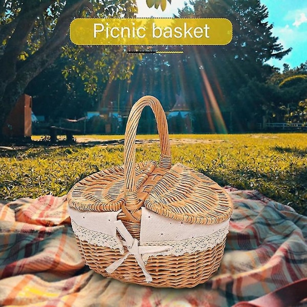 Handgjord flätad korg med handtag, flätad camping picknickkorg med dubbla lock, shoppingförvaring