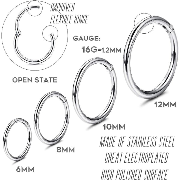 (A: Silver-ton & Guld-ton) 12st 16G rostfritt stål Förbättrade gångjärnsförsedda klickersegment näsringar