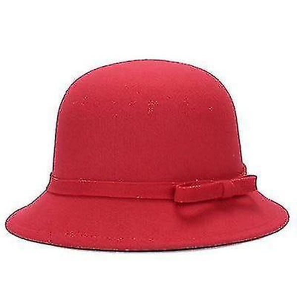 Vintage ullfilt Bowler Derby Fedora Trilby Bowknot Fedoras hatt, cap（röd）