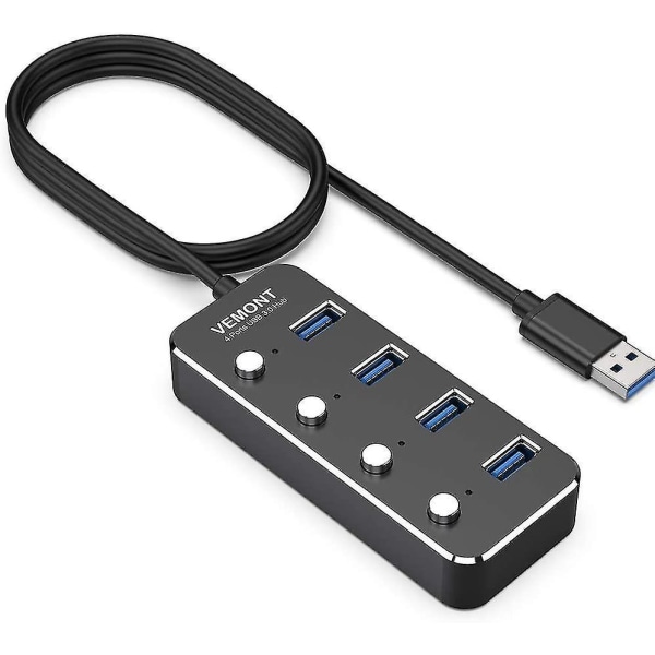 USB Hub 3.0 Splitter, 4-ports USB Hub, aluminium USB Data Hub med individuella på/av-brytare och LED