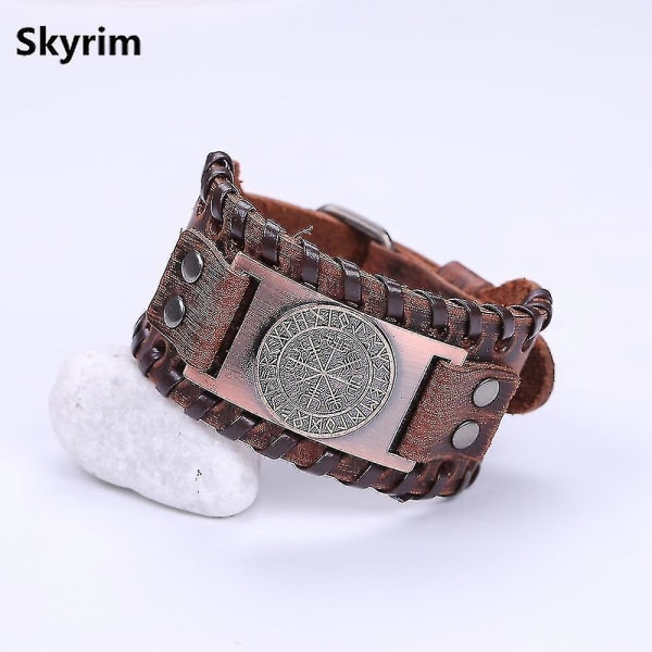 Skyrim Vintage Viking Compass, äkta läderarmband för man, nordiska runor, (bred brun- koppar)