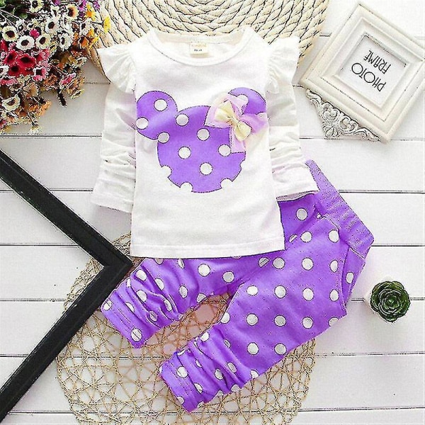 Barn Flickor Minnie Mouse Polka Dot Outfit T-shirt Top Långbyxor Set Purple