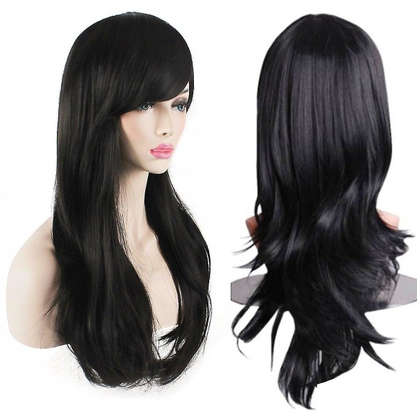 Värmebeständig 28-tums 70 cm lång peruk med lockigt hår för kvinnor med cap, svart