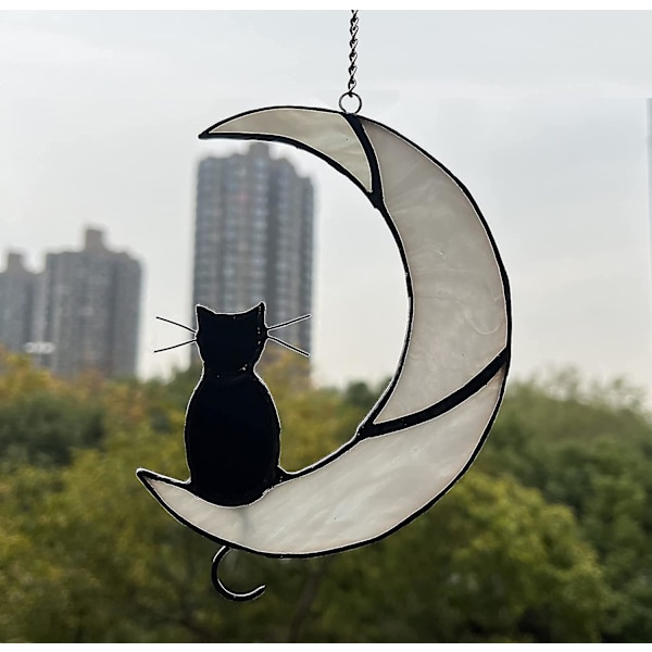 Svart kattdekor på vit måne Fönster i målat glas, hängande Suncatcher fönsterpaneler Hängningar Sun Ca