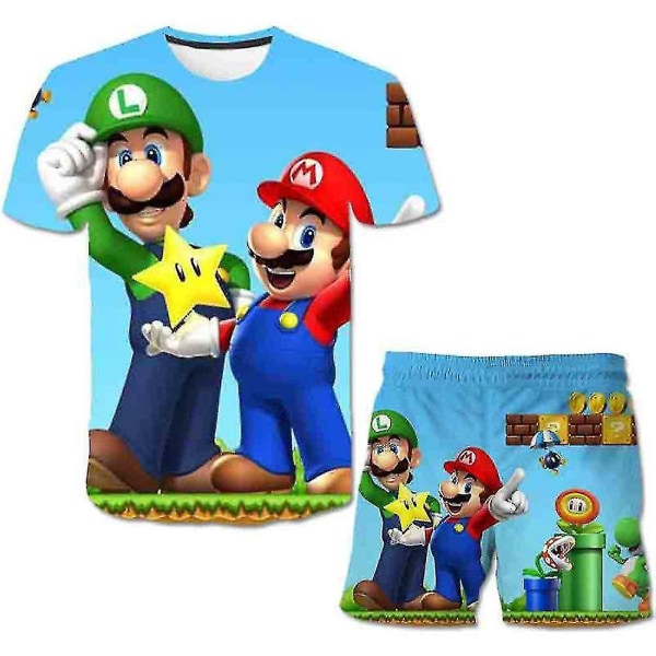 6-12 år Super Mario Bros Kids Summer T-shirt Tops + Shorts Set B