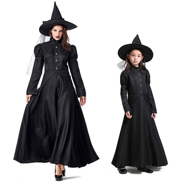 Wizard of Oz kostym, cosplay häx svart klänning Kids M Kids L
