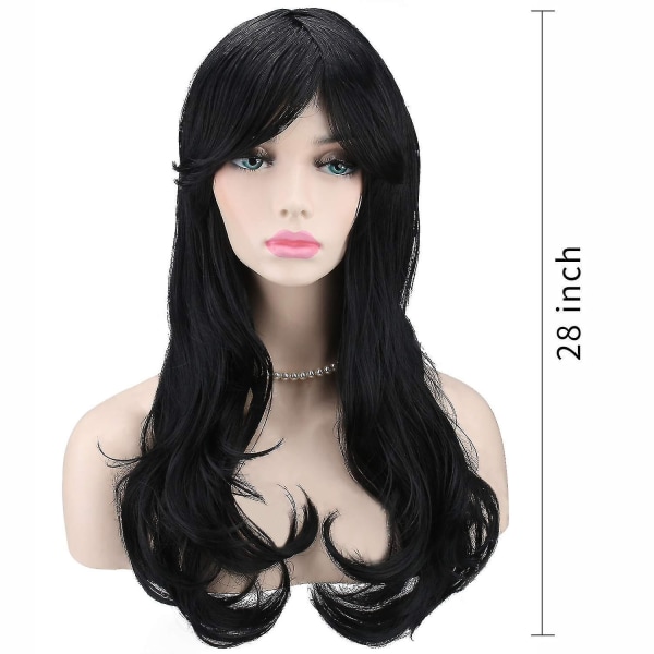 Värmebeständig 28-tums 70 cm lång peruk med lockigt hår för kvinnor med cap, svart