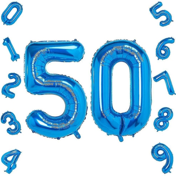 Blå nummer 50 ballonger, 40 tums födelsedag nummer ballong festdekorationer Heliumfolie Mylar