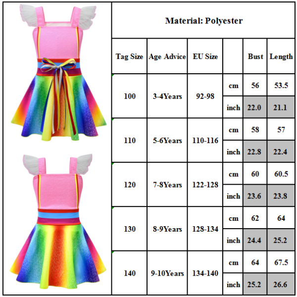 Party Girls Anime Cosplay Pretty Nancy Rainbow Klänning Princess Rainbow Dress 120cm 100cm