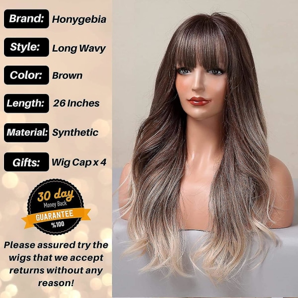 Ljusbrun peruk med lugg - långa ombre vågiga peruker för vita kvinnor, askvit syntetisk värmebeständig