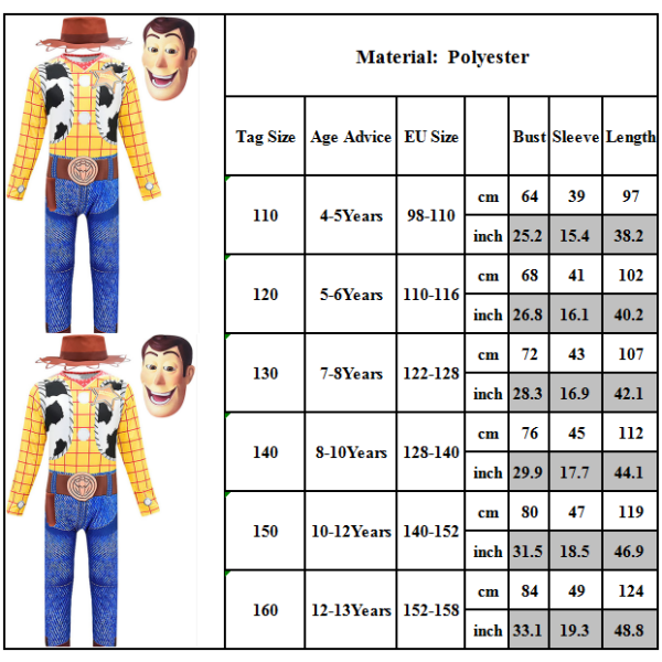 Disney Woody Toy Story 4 Barn Pojkar Jumpsuit Hat Mask Cosplay Woody 10-12 Years 5-6 Years