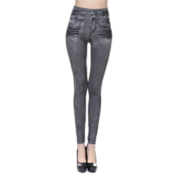 Kvinnor Fake Denim Jeans Leggings Push Up High Waist Stretch Pencil Byxor