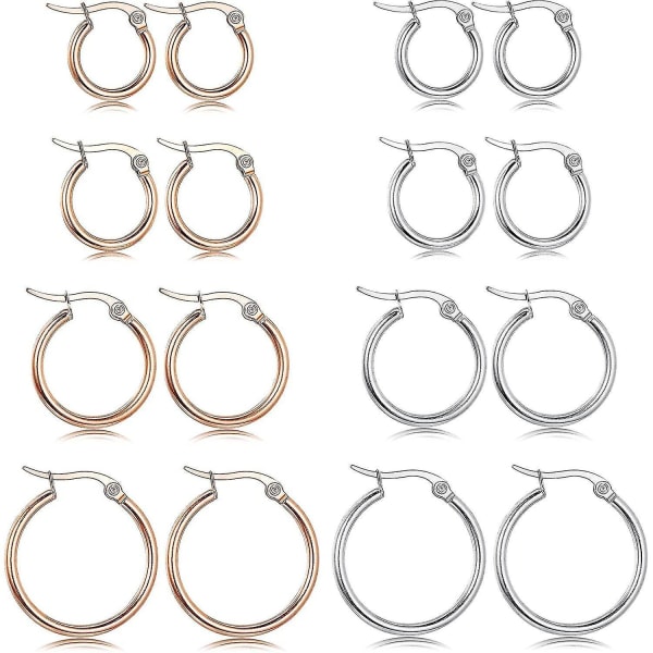 (8 par (4 par vita, 4 par roséguld)) Rundade små ringar set i rostfritt stål för kvinnor