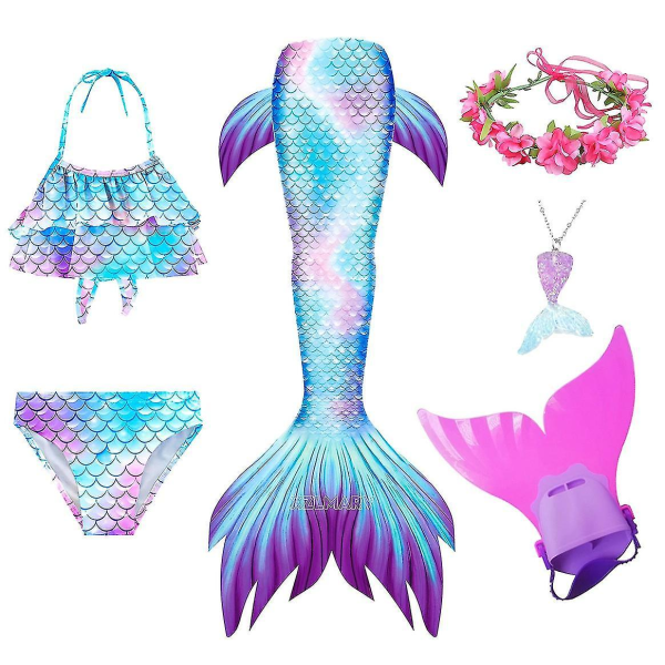 Barn Flickor Simning Sjöjungfru Svans Sjöjungfru Kostym Cosplay Barn Baddräkt Fantasy Beach Bikiniburk 6pcs with fins