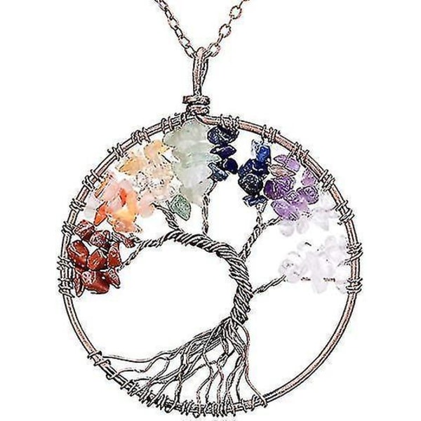 Tree of Life hänge Ametist Rose Crystal Halsband Ädelsten Chakra Smycken (Färgglada)