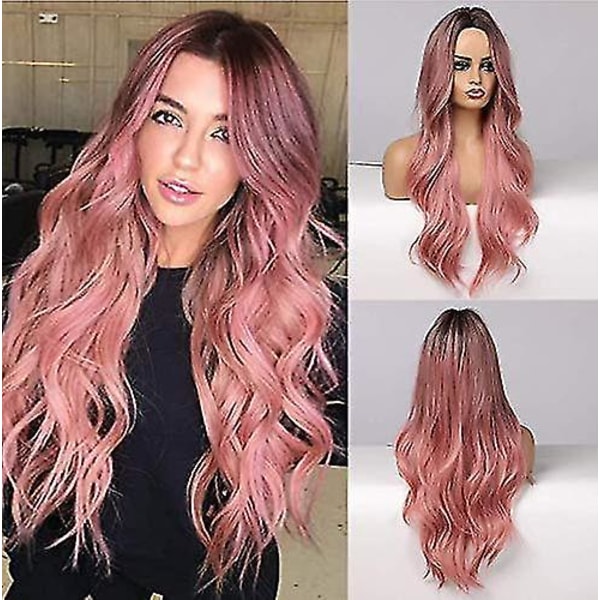 Ombre svart till rosa peruk syntetiska peruker för kvinnor långa naturliga vågor Värmebeständigt hår peruker naturliga