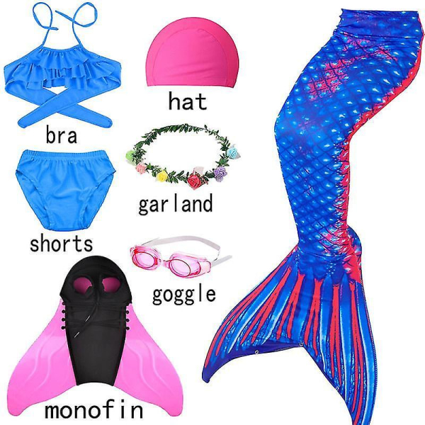 Barn Flickor Simning Mermaid Tail Cosplay Pink Bluey Barn Halloween Party Present Baddräkt Can Add M 7pcs with monofin-J