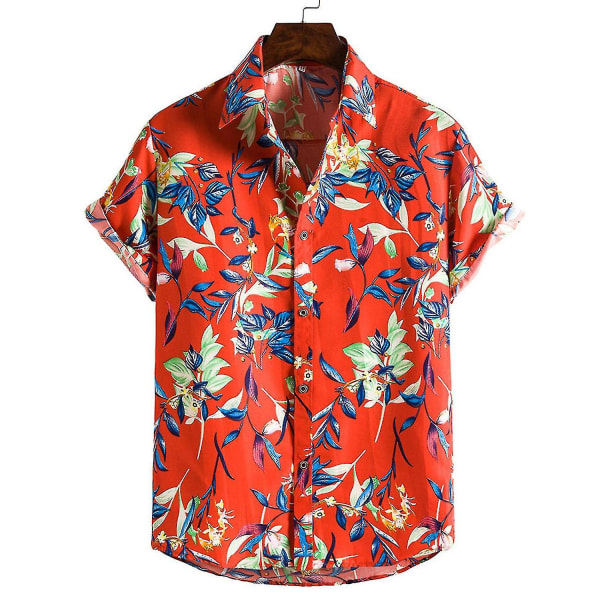 Herr kortärmad hawaiiansk skjorta Front Button Casual Vacation Style Tee Tops Red