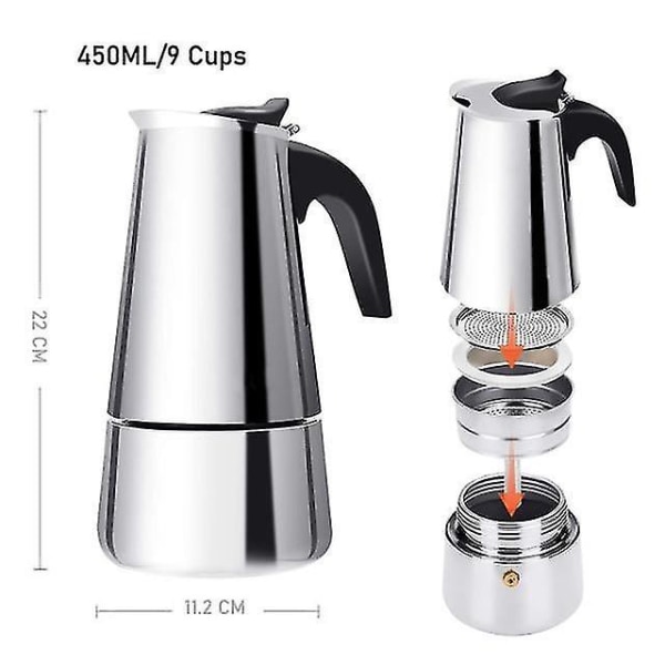 450 ml Moka Kaffekanna Espresso Latte Kanna Italiensk kaffemaskin i rostfritt stål|Kaffekannor