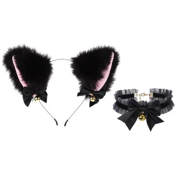 Faux Fur Kitten Ears Pannband med Choker Halsband Set Lolita Cosplay kostym Black White