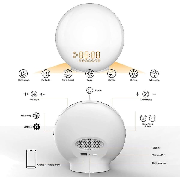 Wake-up Light Sunrise Väckarklocka, Wake-up Light Smart Digital Väckarklocka Radio Med Sunset Analog