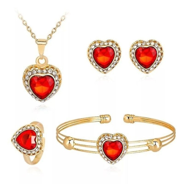 Smycken Set Crystal Heart Halsband Armring Ring Örhängen Set, Bröllop Smycken För Kvinnor