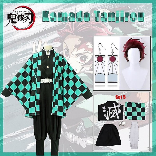 Demon Slayer Kamado Tanjirou Cosplay Kostym Katana Sword Props Mask Anime Kläder Eardrop Uniform