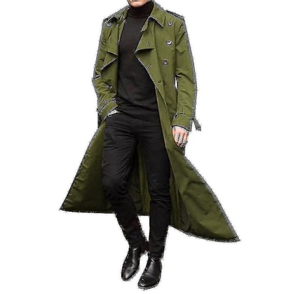 Män Trench Coat Dubbelknäppt Lapel Windbreaker Man Långjacka Ytterkläder_y Orange L Green M