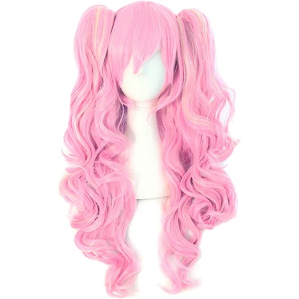 Long Curly Clip on Ponytails Cosplay Peruk (rosa/blond)