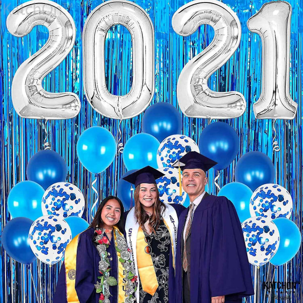 Silver 2021 ballonger Graduation Dekorationer Set - 10 fot blå fransgardin bakgrund | White Confe