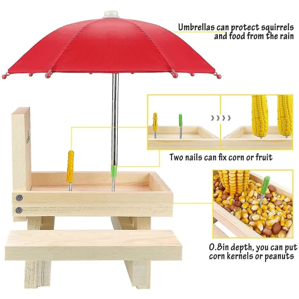 Ekorrmatarbord med paraply, picknickbordsmatare för träekorrar, hållbart ekorrmatare Co
