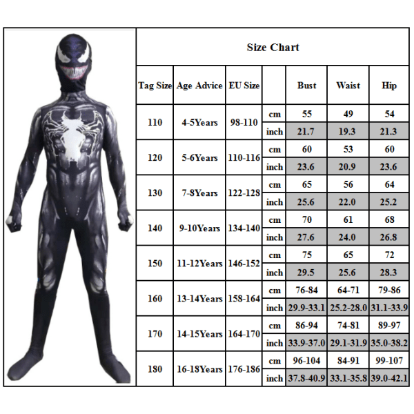 Boys Venom Cosplay Jumpsuit Outfit Halloween Party Kostym Present 180cm 120cm