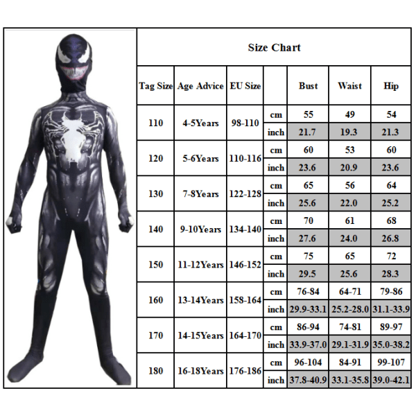 Boys Venom Cosplay Jumpsuit Outfit Halloween Party Kostym Present 180cm 170cm