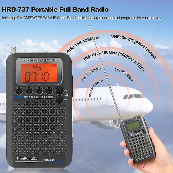 Bärbar radioflygplan fullbandsradiomottagare världsband med LCD-skärm väckarklocka