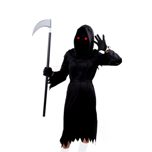 Grim-Reaper Halloween Cosplay Glödande Röda ögon Scythe Kostym S S