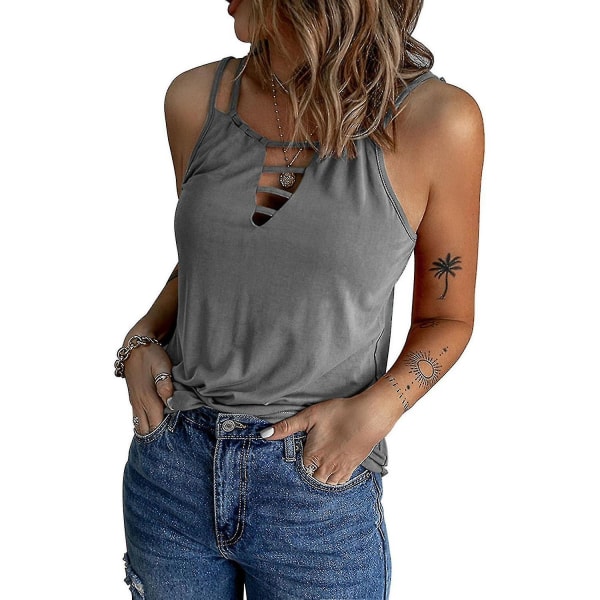 Kvinnors ihåliga linne i enfärgad väst Casual ärmlös T-shirt Gray