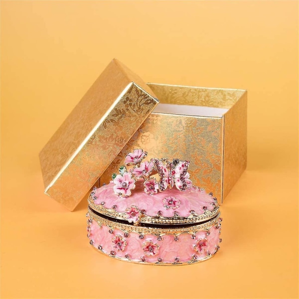 Kristallprydnadsföremål smyckeskrin gångjärn, handmålade rosa blomsterfjärilsmönster smyckeskrin för flicka
