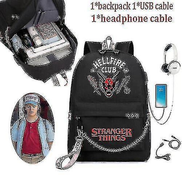Stranger Things Hellfire Club Skolväska med stor kapacitet USB laddningsryggsäck S