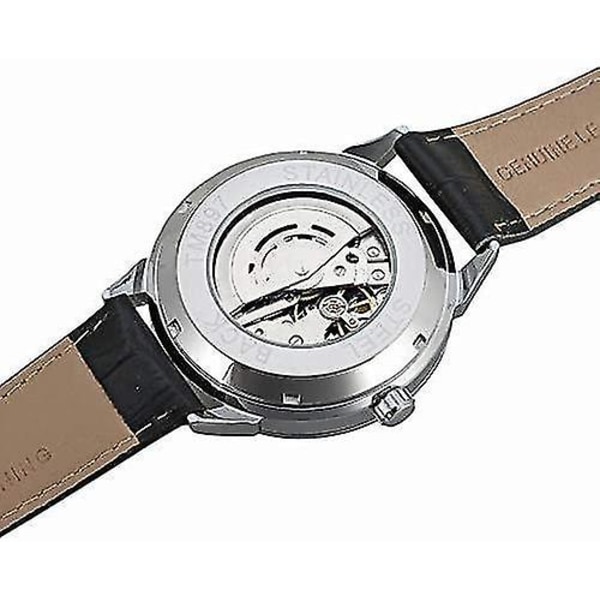 Minimalistisk vit urtavla för män Automatisk watch i rostfritt stål med läderrem Mekanisk watch för
