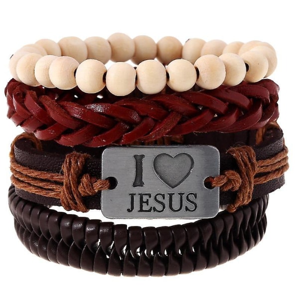 Religiös I Love Jesus Armband Kohud Flerlagersarmband White Wood Bead