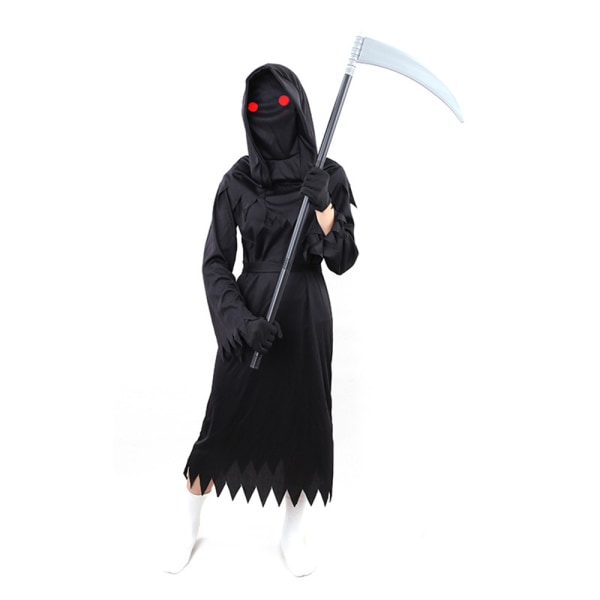 Grim-Reaper Halloween Cosplay Glödande Röda ögon Scythe Kostym S L