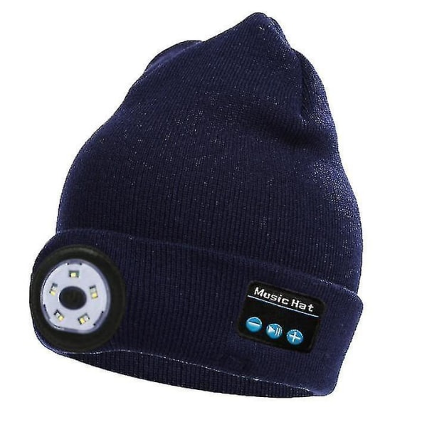 Bluetooth stickad mössa Utomhus Nattlöpning Nattfiske Led-belysning Bluetooth cap（Marinblå）