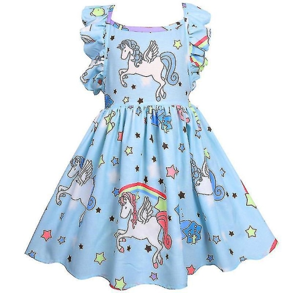 Barn Flickor Casual Unicorn Festklänning Sommar Ruffle Sleeve Swing Klänningar Light Blue