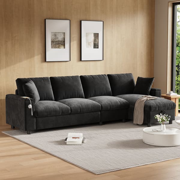 HOMAIRE Chenille-soffa med L-form, förvaring och utdragbart soffbord, grå Grå 280 x 137 x 84 cm