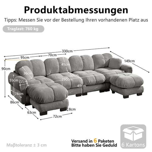 HOMAIRE 4-sits U-soffa i chenille, modulär med 2 flyttbara ottomaner, ljusgrå Ljusgrå 330 x 149 x 90 cm
