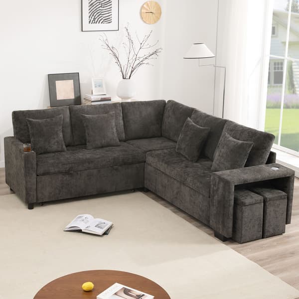 HOMAIRE L-formad bäddsoffa med förvaring, USB/USB-C, grå chenille Grå 220 x 205 x 86.5 cm